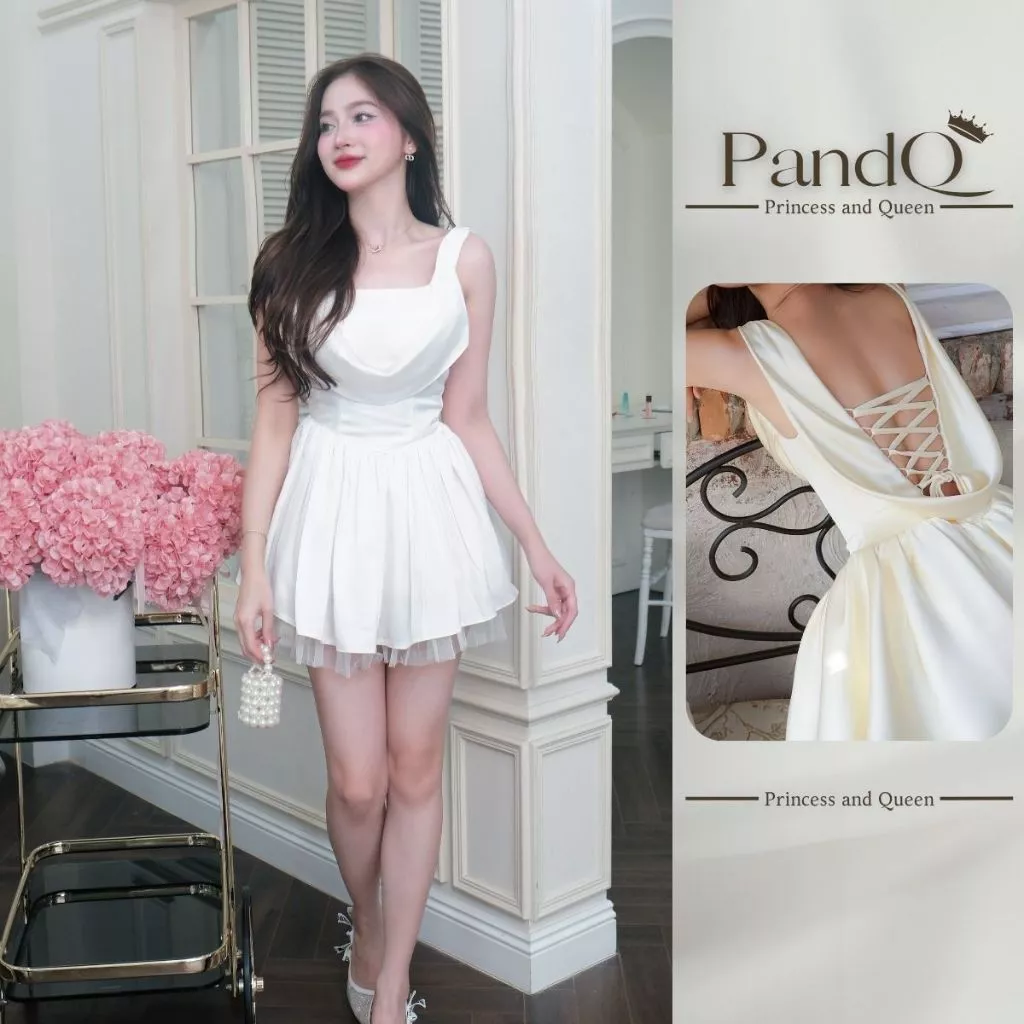 Váy Xòe Nữ P&Q Cổ Đổ Hở Lưng Đan Dây Ren Phối Dáng Công Chúa Tiểu Thư Cao Cấp | vd0134