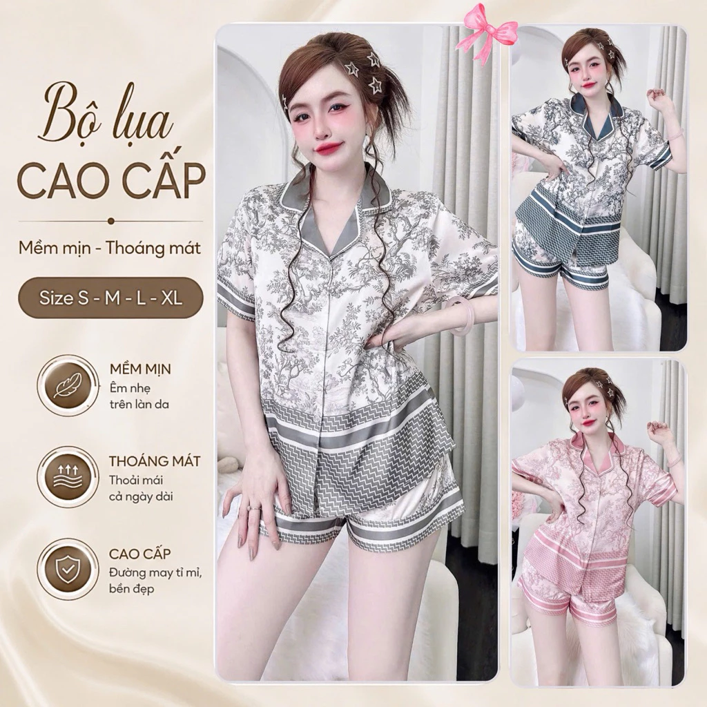 A16 Đồ Bộ Pijama Nữ Quần Ngắn Chất Vải Lụa Latin Cao Cấp Mềm Mượt , Hoạ Tiết Sang , Phom Chuẩn