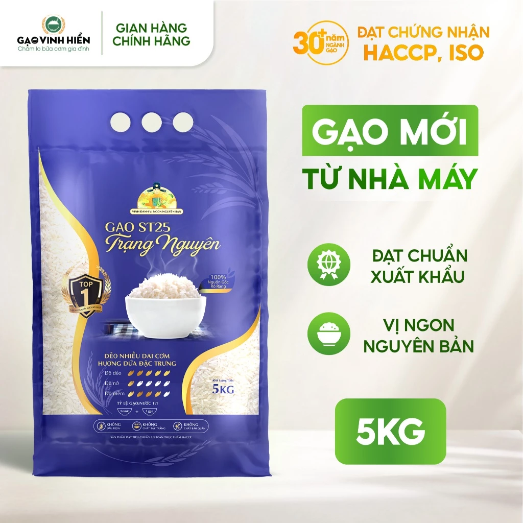 Gạo ST25 Trạng Nguyên Vinh Hiển 5kg – Dẻo mềm, thơm tự nhiên - Gạo ST25 Xuất Khẩu