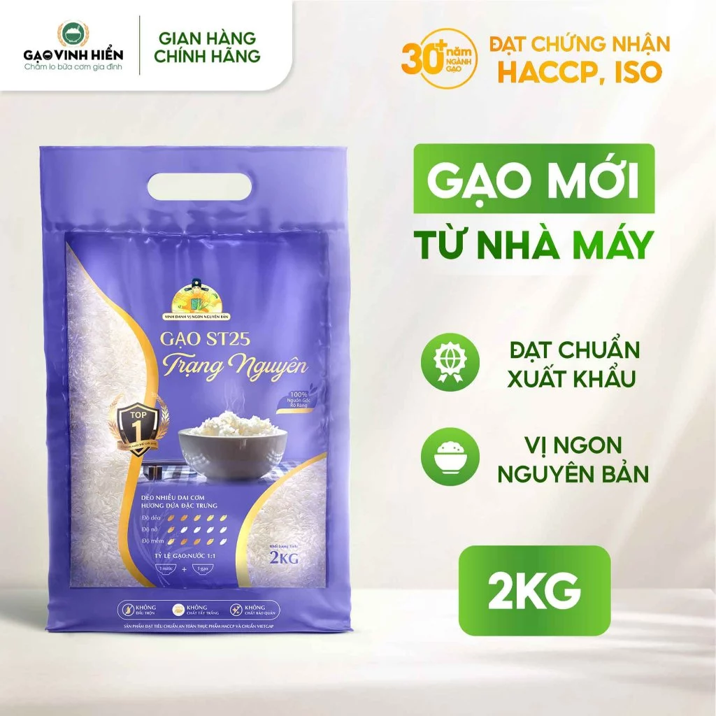 Gạo ST25 Trạng Nguyên Vinh Hiển túi 2KG – Dẻo mềm, thơm tự nhiên - Gạo nấu cho bé, gạo cho bé ăn dặm