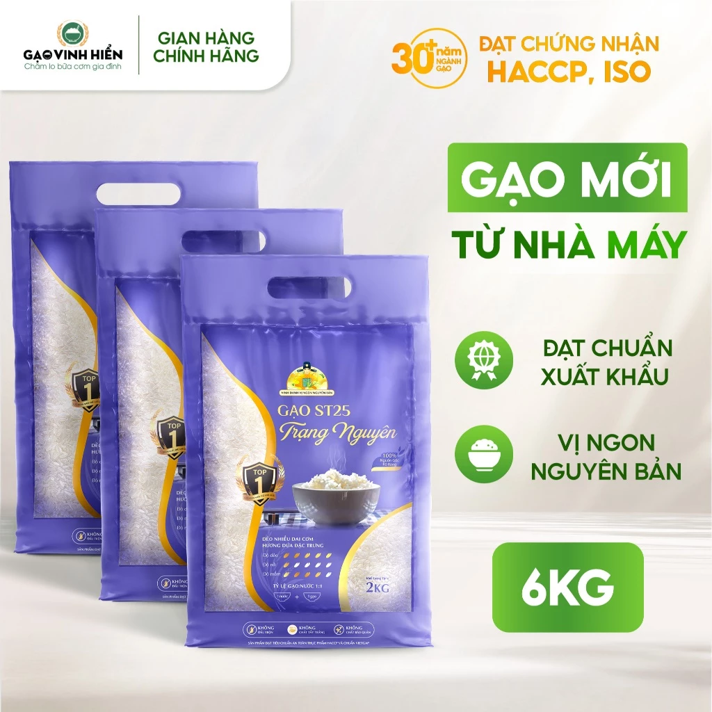 [Combo 3 Túi] Gạo ST25 Trạng Nguyên Vinh Hiển 2KG - Dẻo mềm, ngon cơm - Chuẩn HACCP, VietGAP