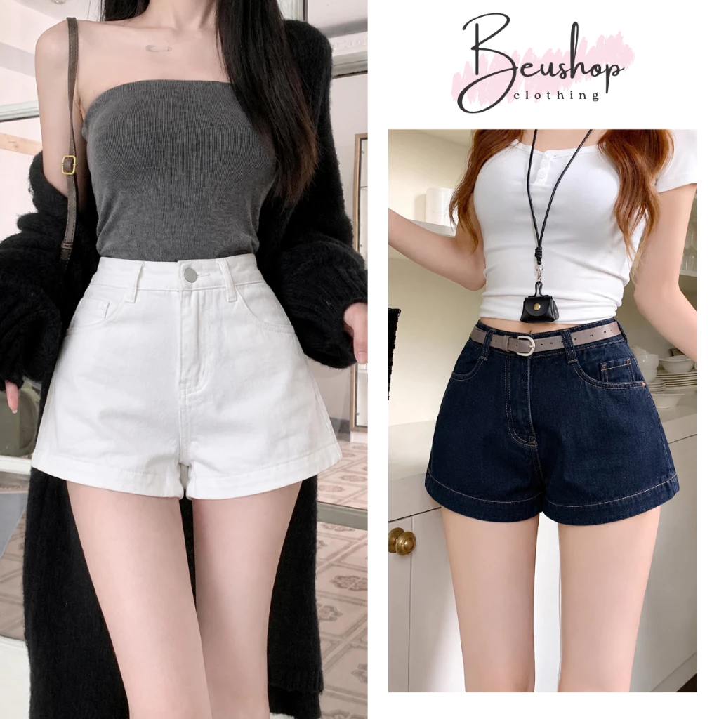 Quần Short Jean Nữ Trắng Xanh Cạp Cao Ống Rộng Quần Sooc Hè Năng Động Dễ Phối Form Ngắn Trên Gối BEU