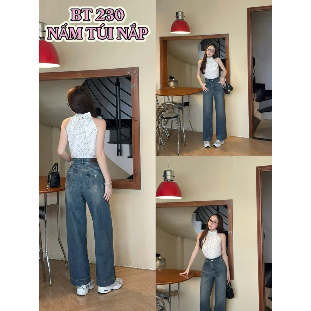 (Suông nấm 95cm)- Quần jean nữ ống suông cạp cao tôn dáng, quần jean suông túi nắp dễ phối đồ