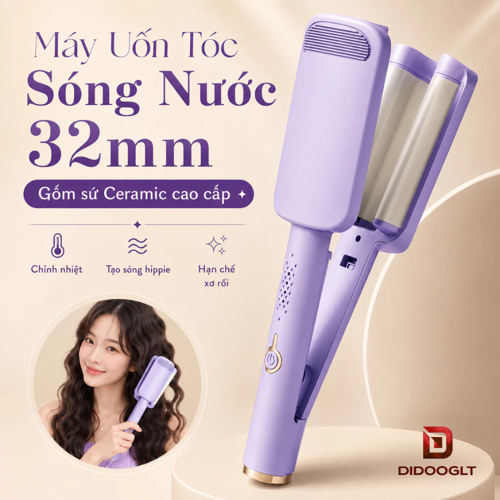 Máy Uốn Tóc Xoăn Sóng Nước Hippie 32mm Chất Liệu Gốm Sứ Ceramic Cao Cấp, Máy Làm Xoăn Sóng Nước Chỉnh Nhiệt ( didooglt )