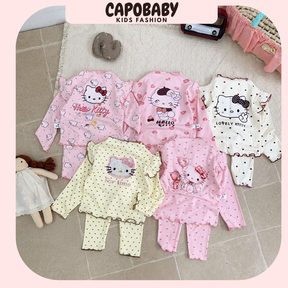 [COMBO 2B]Bộ đồ dài tay Hello Kitty cho bé gái cotton mềm phối bèo dễ thương màu hồng kem[AB05]