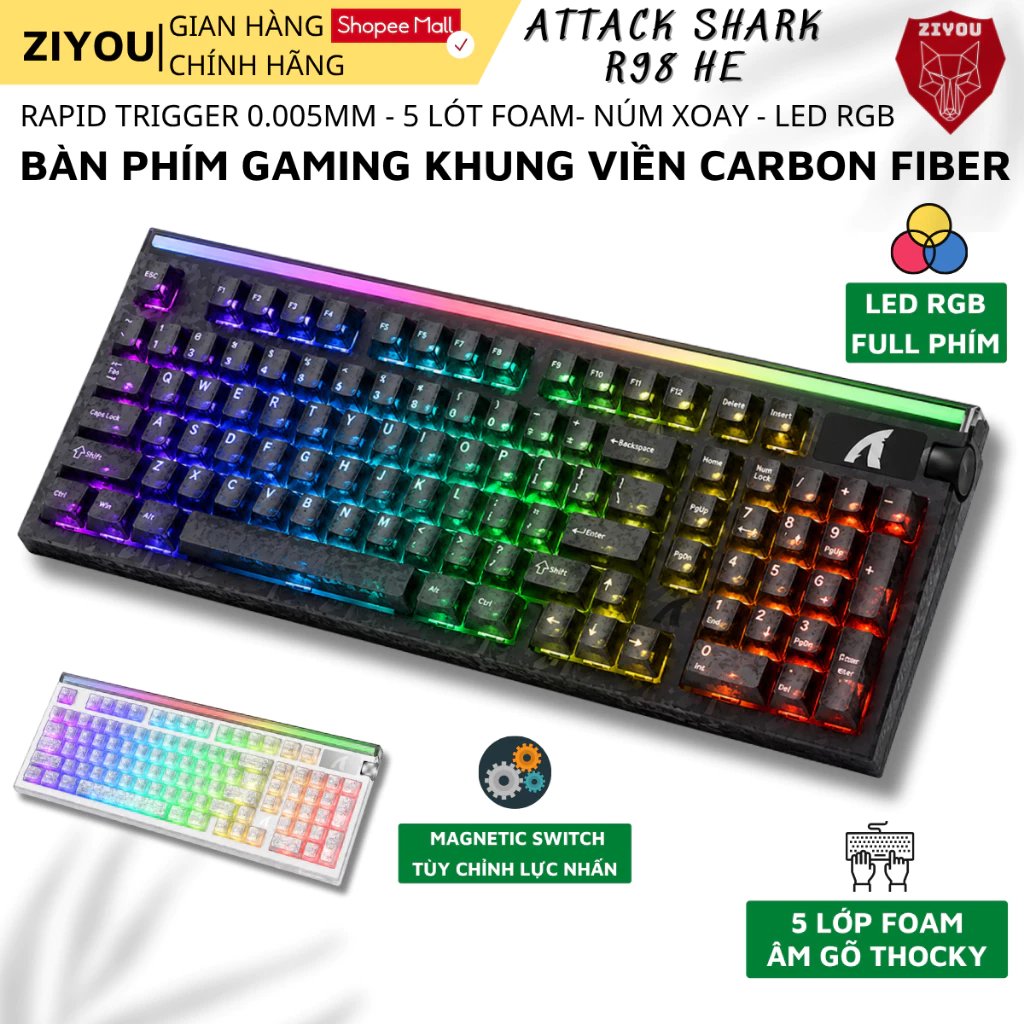 Bàn Phím Gaming Attack Shark R98 HE Vật Liệu Carbon Fiber, Rapid Trigger 0.005mm, Polling Rate 8KHz