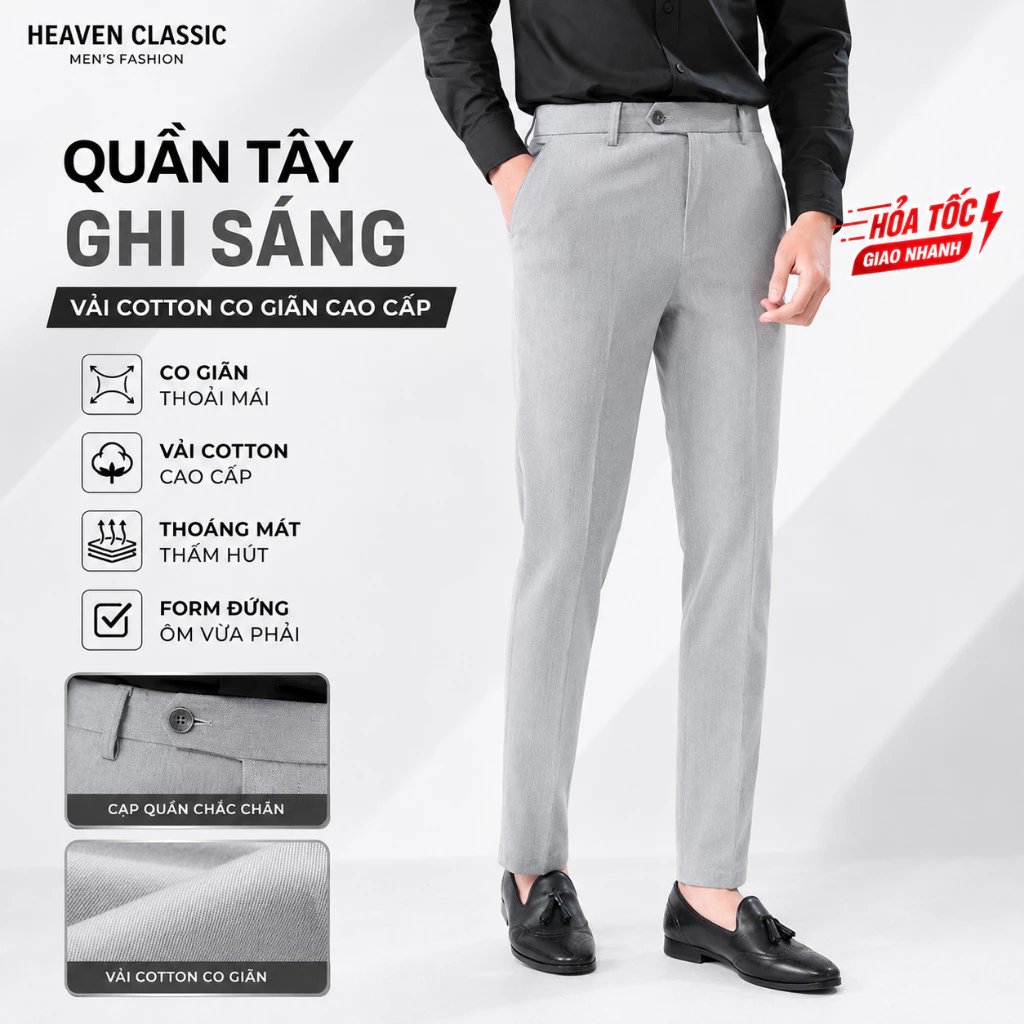 Quần Âu Nam  Màu Xám Sáng – Lịch Lãm Công Sở, Vải Không Nhăn, Co Giãn Nhẹ, Form Slimfit