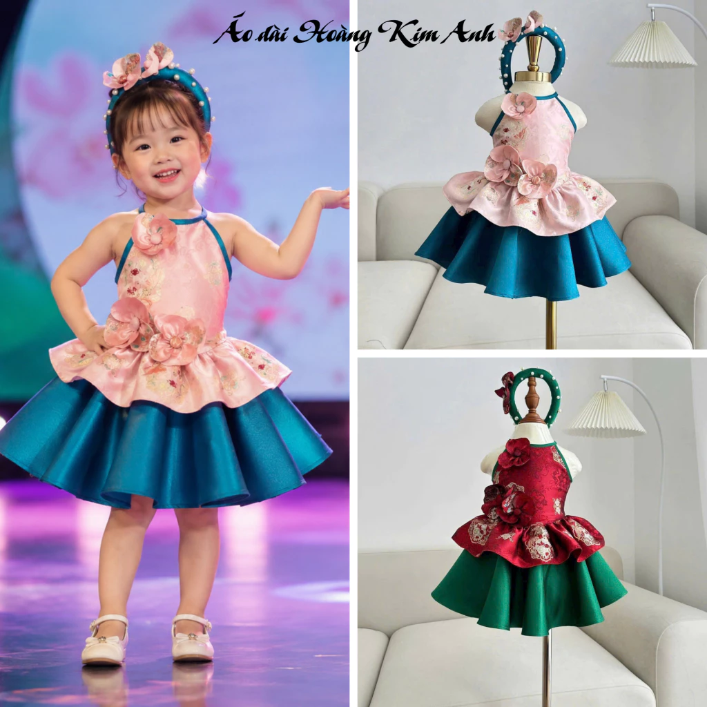 Váy biểu diễn bé gái Gấm Đỏ Xanh - Đầm múa cao cấp đính hoa nổi 3D, sang trọng cho biểu diễn và lễ hội