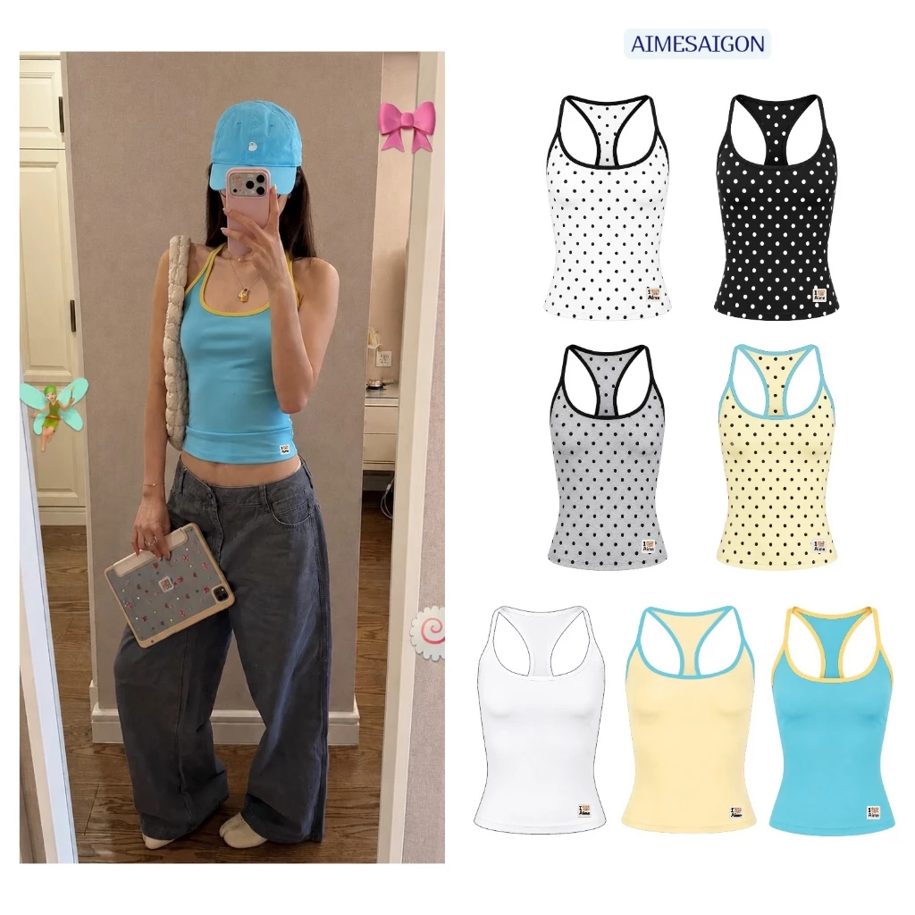 [SẴN HOẢ TỐC] Aimesaigon Áo Thun Tanktop Ba Lỗ Phối Viền Borip Chấm Bi Polka Dots Mùa Hè Ôm Tôn Dáng Mềm Mịn - AKIEU03