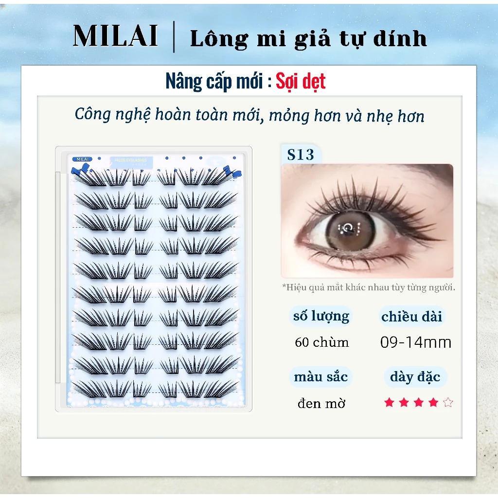 MILAI S13 lông mi tự dính mi chùm sợi dẹt 60 chùm mềm nhẹ tự nhiên dễ đeo makeup hàng ngày