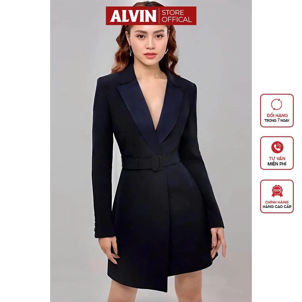 Đầm Vest Ôm Dáng Ngắn Tay Dài Đính Nút Phối Đai Lưng  Alvin Store 0878