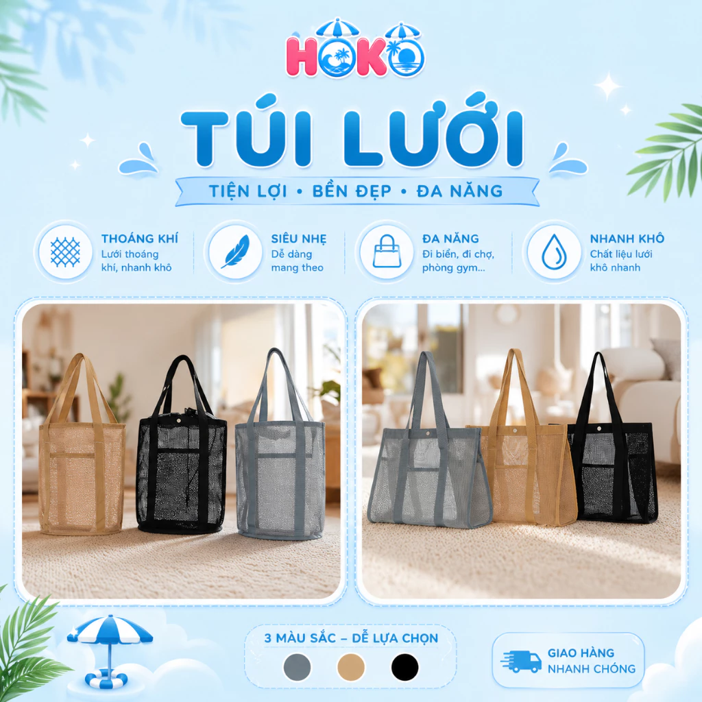 Túi lưới đeo vai đựng đồ bơi đi du lịch HOKO túi lưới thời trang đựng mỹ phẩm, đồ cá nhân phong cách Hàn Quốc