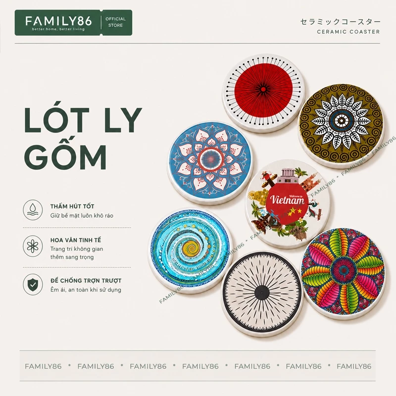 Miếng lót ly bằng đá gốm, lót cốc thấm nước siêu đẹp 10*10cm FAMILY86