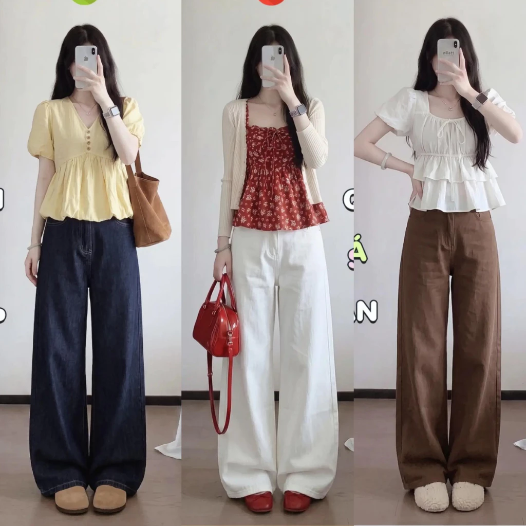 Quần Jean KAKI Nữ trơn Cạp Cao màu Trắng ống Suông dáng Rộng Lưng Cao MIAA BIGSIZE hack dáng