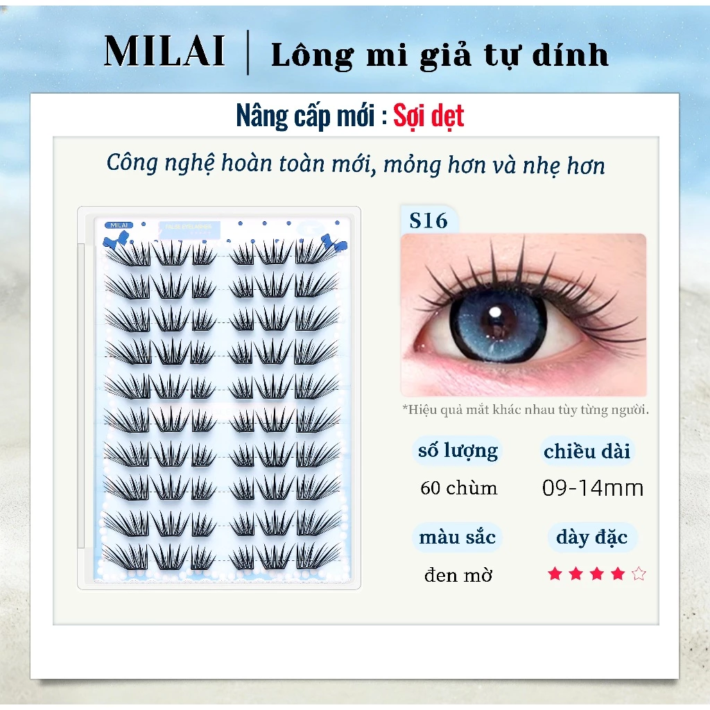 MILAI S16 lông mi giả tự dính mi chùm sợi dẹt 60 chùm mềm nhẹ tự nhiên dễ đeo makeup hàng ngày