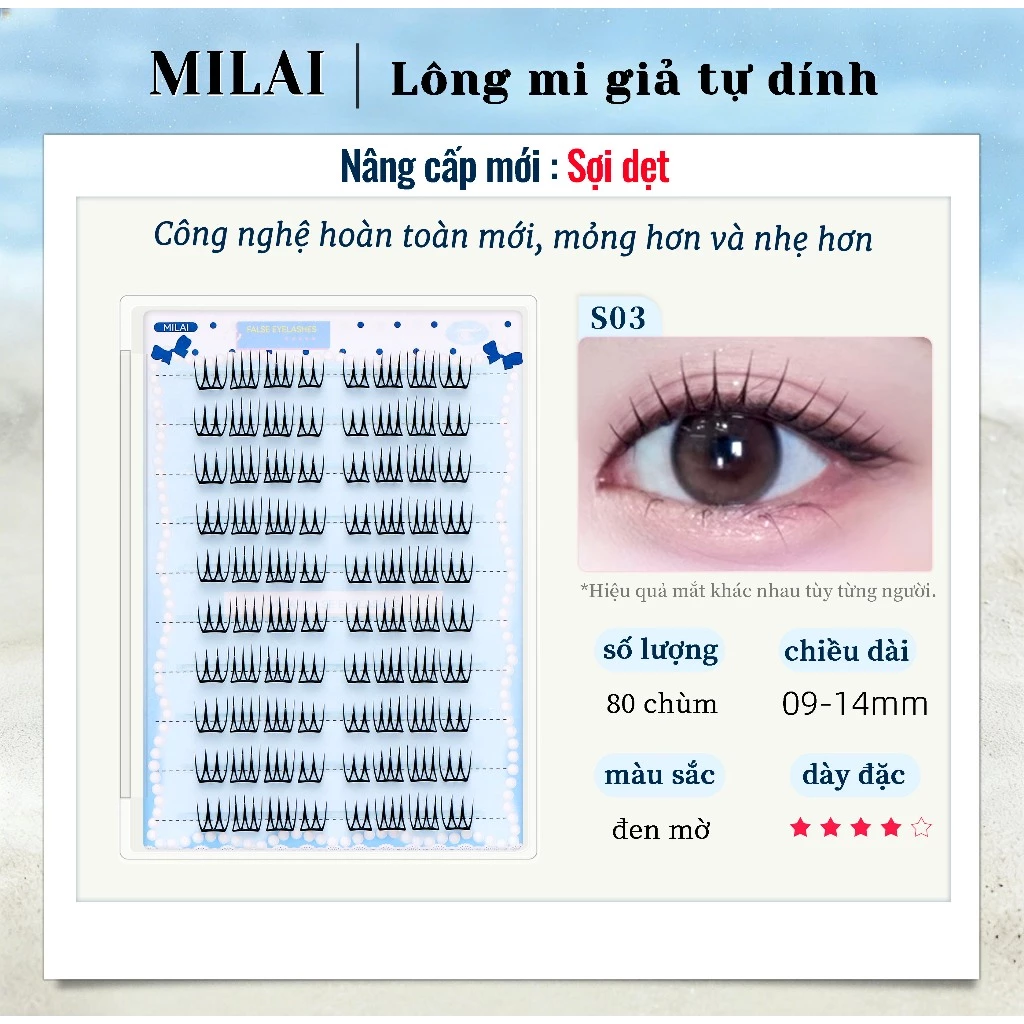 MILAI S03 lông mi giả tự dính mi chùm sợi dẹt 80 chùm mềm nhẹ tự nhiên dễ đeo makeup hàng ngày
