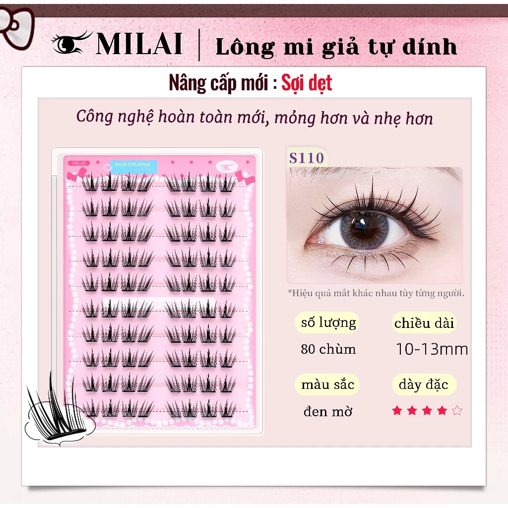MILAI S110 lông mi giả tự dính mi chùm sợi dẹt 80 chùm mềm nhẹ tự nhiên dễ đeo makeup hàng ngày