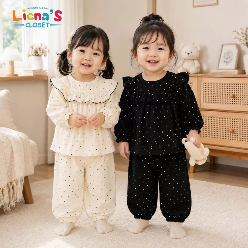 Bộ Pijama Bé Gái Vải Gió Chấm Bi Dài Tay, Đồ Ngủ Mềm Mát Cho Bé, Form Rộng Hàn Quốc