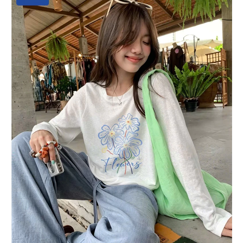 Áo thun nữ dài tay chất XƯỢC dáng rộng MENINA, Áo phông tay dài nữ in hình thời trang.