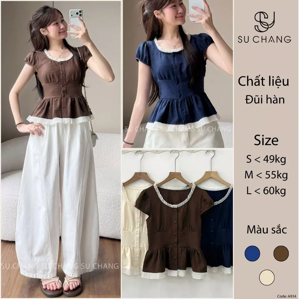 Áo Kiểu Cổ Ren Tay Bồng Bo Eo A934 Su Chang Thời Trang Nữ