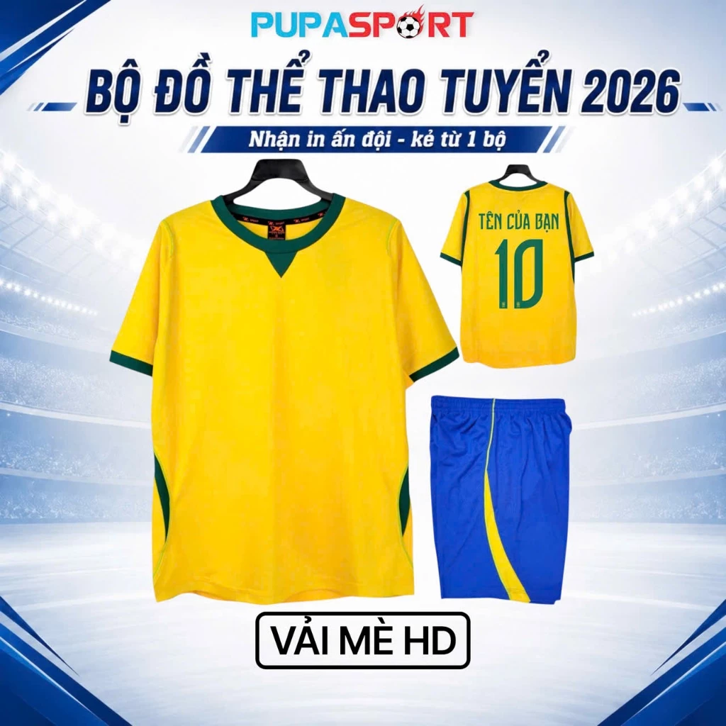 Bộ Quần Áo Bóng Đá Tuyển Brazil Sân Nhà WC26 - Vàng, Vải Mè Cho Nam Nữ, Có In Tên Số.