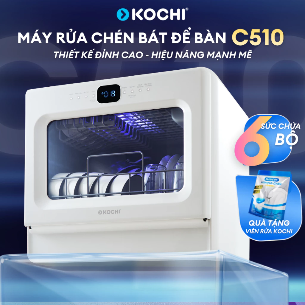 [Mới] Máy Rửa Chén Bát Để Bàn KOCHI C510 - 6 Bộ - Cửa trong suốt - Rửa Nước Nóng 75°C - Sấy PTC -Không Cần Lắp Đặt
