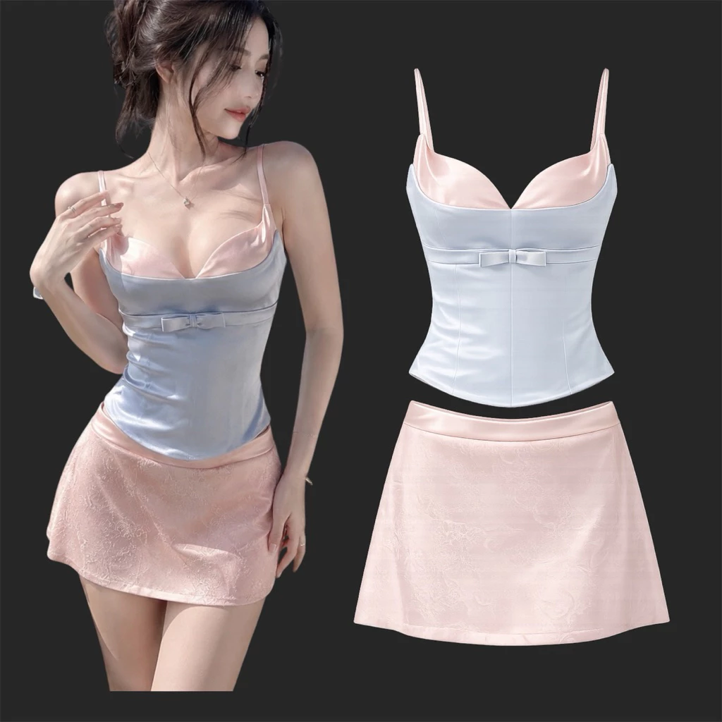703 - Set Áo Corset Hai Dây Phối Nơ + Chân Váy Ren Y2K