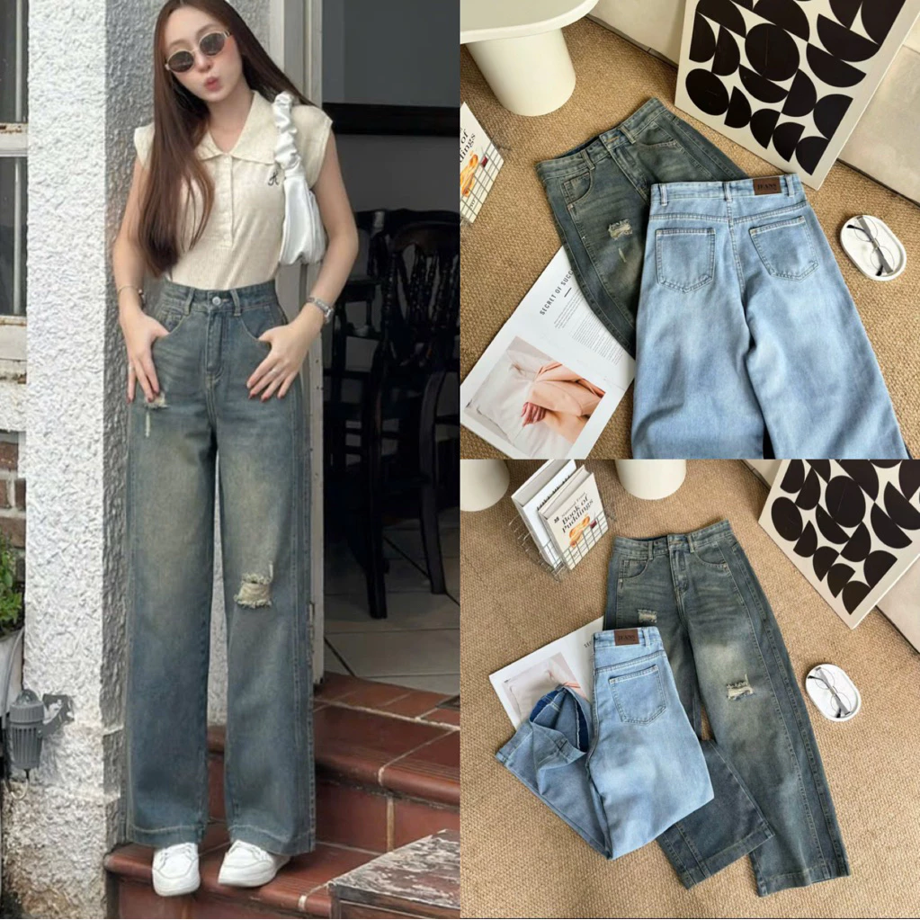 (Suông nấm 95cm)- Quần jean suông nữ phối rách nối sườn chất jean mềm dày dặn, quần suông nữ