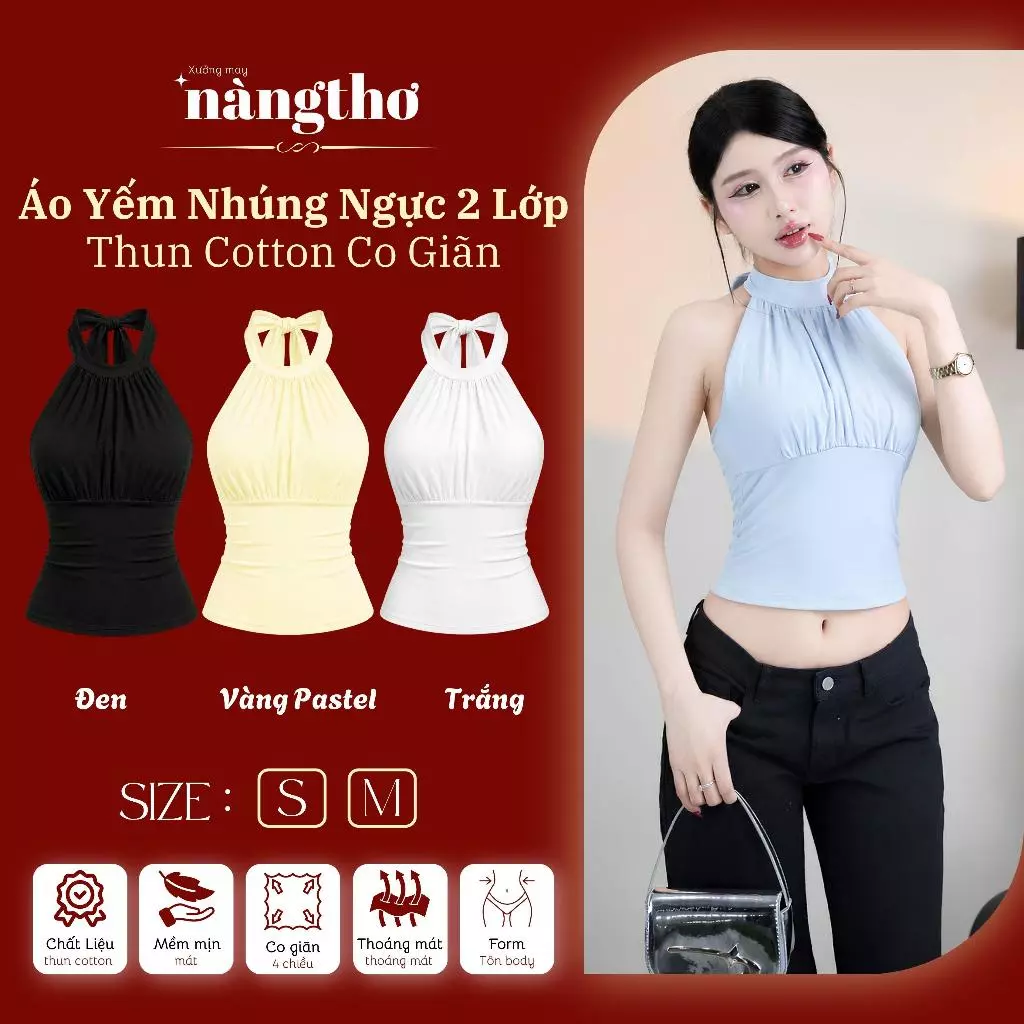 757 [MÀU ĐỘC QUYỀN]Áo Yếm Nữ Cổ Yếm Nhún Ngực 2 Lớp Ôm Body Hở Lưng Thun Cotton Co Giãn Đi Biển