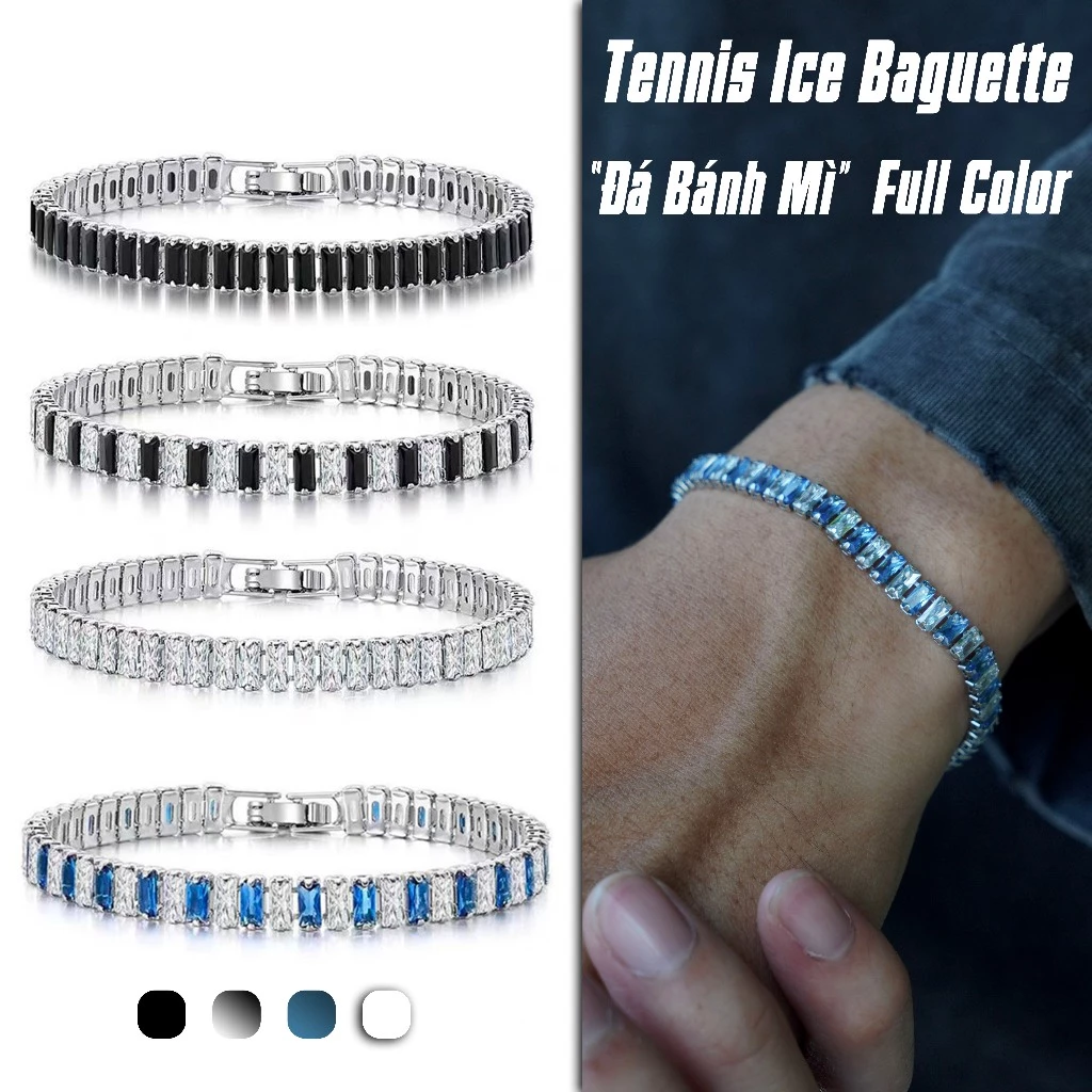 Vòng tay ODIN Ice Tennis Baguette-Bản Full Màu-Thép Titan đính đá CZ Bánh Mì-Không Gỉ-Full Box-Bảo hành 12 tháng