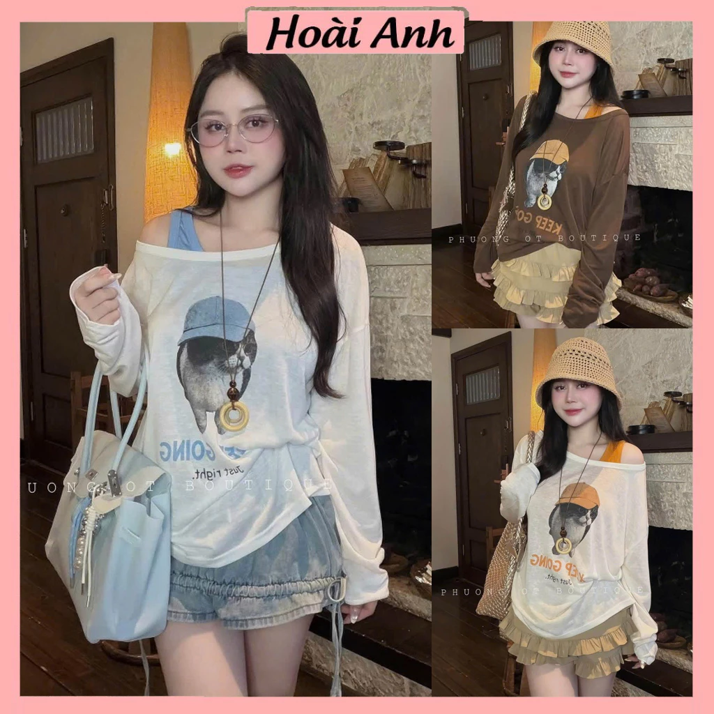 Set 2 Áo Thun Giấy Thụng Dài Tay In Mèo Đội Mũ Kèm Áo 3 Lỗ Zip