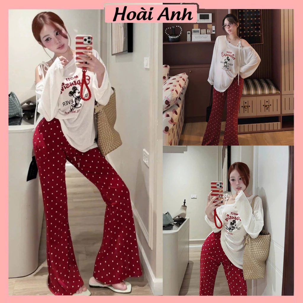 Set Bộ Đồ Nữ Áo Thun Giấy Trắng In Mickey Trễ Lệch Vai Dây Nơ Dài Tay Mix Quần Dài Màu Đỏ Chấm Bi Ống Loe