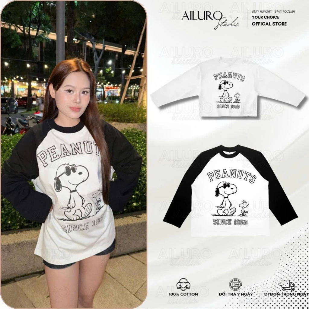 [MỞ BÁN] Áo Thun Tay Dài Snoopy Peanuts MỚI Long Sleeve Form Boxy chất 100% Cotton phông tay lỡ nam nữ form rộng