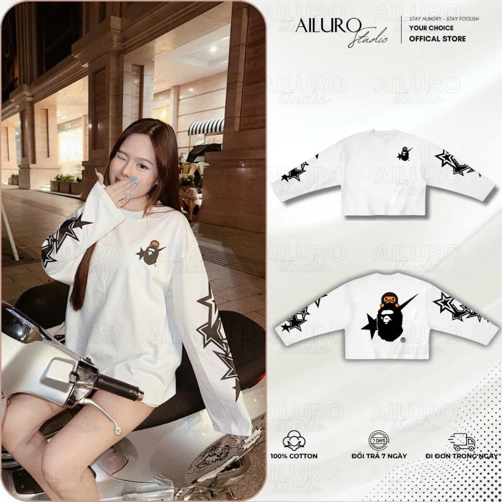 [MỞ BÁN] Áo Thun Tay Dài Bape Star Long Sleeve Form Boxy chất 100% Cotton phông tay lỡ nam nữ form rộng