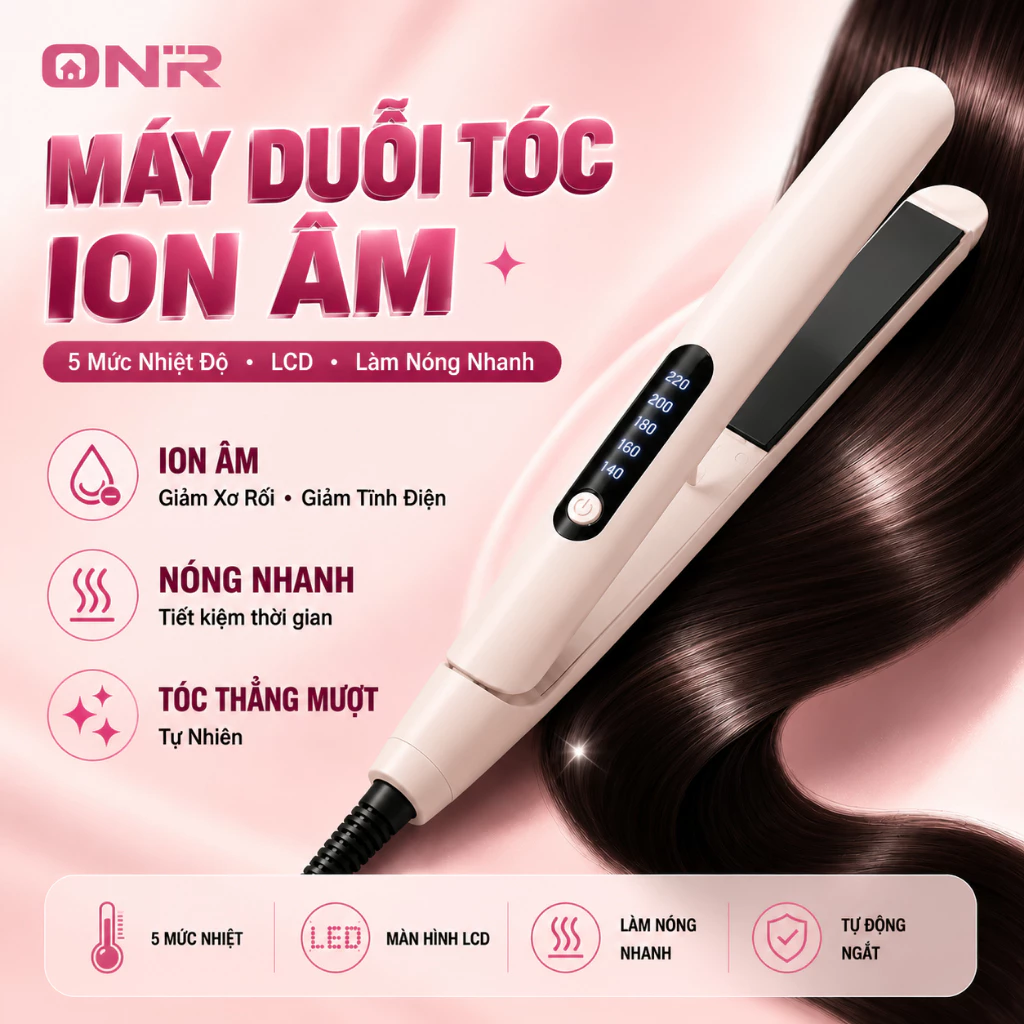 Máy Duỗi Tóc Ion Âm PTC 140-220℃ 5 Mức Nhiệt LED Khóa An Toàn Uốn Duỗi 2 Trong 1