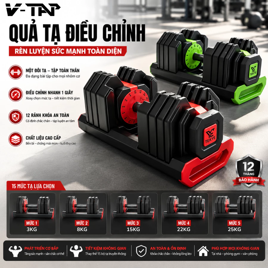 Tạ Tập Gym Tại Nhà Điều Chỉnh Đa Năng, Tạ Tay Điều Chỉnh 15 Mức Tạ Khác Nhau Từ 3kg Đến 25kg
