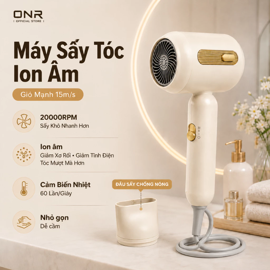 Máy Sấy Tóc Cao Tốc Ion Âm 1900W 220V 20000RPM Xoay 360° Chống Tĩnh Điện