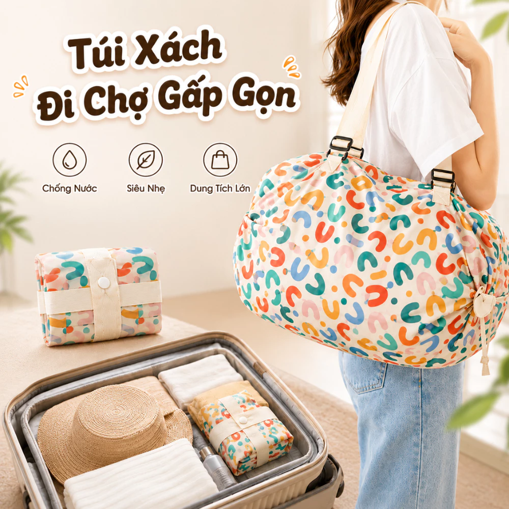 Túi Xách Đi Chợ Gấp Gọn Vải Oxford Chống Nước ECO, Túi Du Lịch Siêu Nhẹ Cỡ Lớn Tái Sử Dụng Tiện Lợi