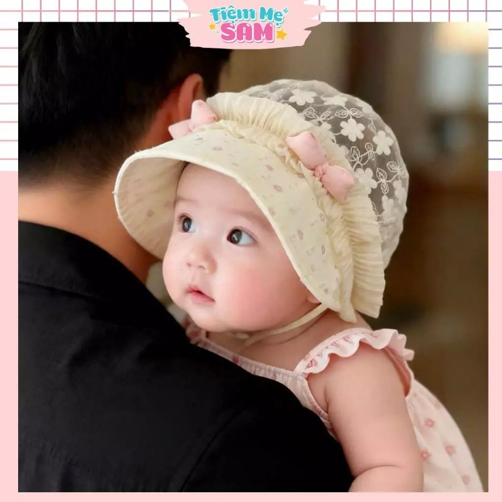 Mũ Bucket ren bé gái đính nơ công chúa chống nắng cho bé 0-12 tháng (MUG82)
