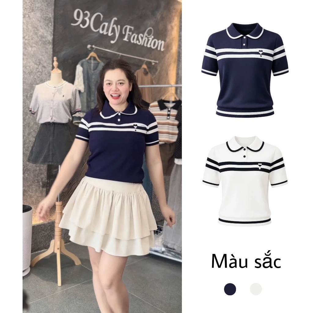 3155 Áo polo len nữ cộc tay cổ sen phối viền thêu hình trái tim nhỏ