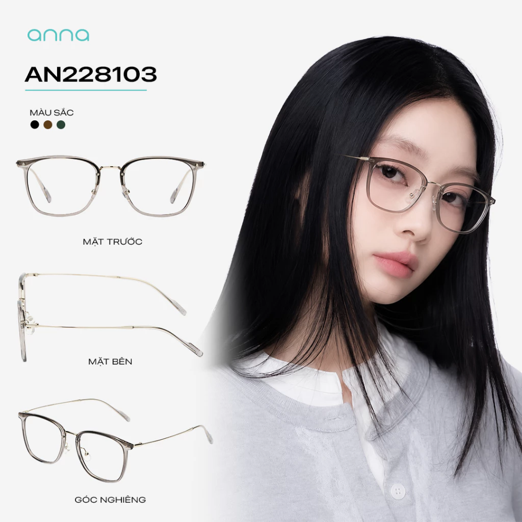 [TẶNG HỘP DA] Gọng kính mắt thời trang ANNA nam nữ dáng vuông chất liệu kim loại cao cấp AN228103