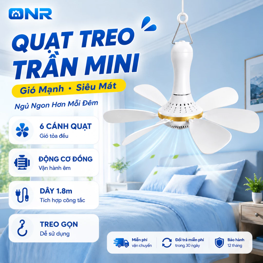 Quạt Treo Trần Mini 6 Cánh Gió Êm Không Ồn Tiết Kiệm Điện Dễ Treo Mọi Vị Trí Trong Nhà