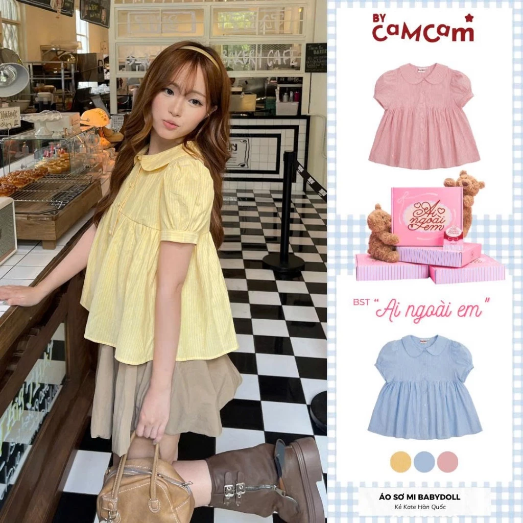 Áo Sơ Mi Babydoll Kẻ Kate Hàn Quốc Sunny Top 𝑩𝒚𝒄𝒂𝒎𝒄𝒂𝒎 Tay Bồng Dễ Thương Mùa Hè AMN015