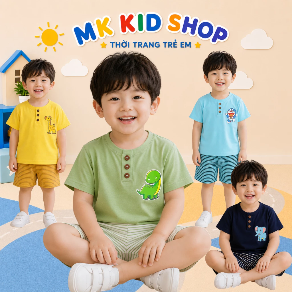 Bộ  Cộc Tay Phối Nút Cho Bé Trai 9-30KG Chất Thun Lạnh Mềm Mát Bộ Ngắn Tay MK KID In hình , Quần Sọc