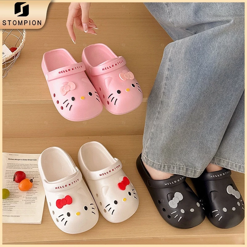 STOMPION Dép clog nữ in mặt mèo nhỏ có nơ trang trí, chất liệu EVA mềm nhẹ thoáng khí, quai sau chống tuột,