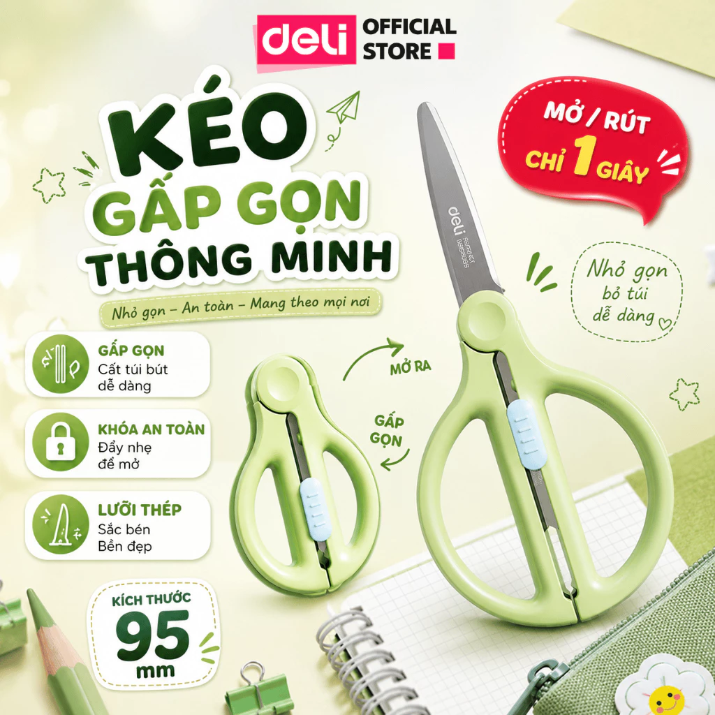 [🔥NEW] Kéo Gấp Gọn Deli Cao Cấp Thu Gọn Lưỡi Thông Minh An Toàn Chống Gỉ Chống Dính Khi Sử Dụng