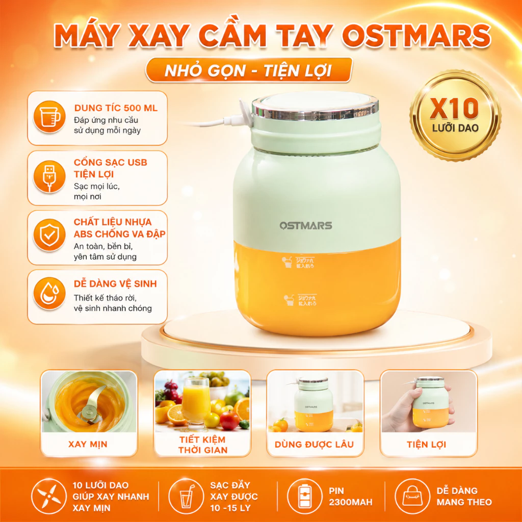 Máy Xay Sinh Tố Cầm Tay Mini Ostmars ONEBI Sạc Tích Điện, Dung Tích 500ML, 10 Lưỡi Đa Năng Nhỏ Gọn