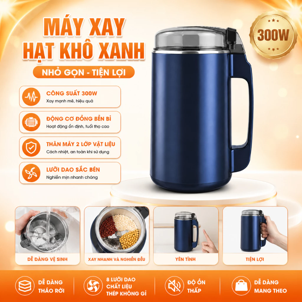 Máy Xay Hạt Khô Đa Năng Mẫu Mới Công Suất 300W 8 Lưỡi, Xay Các Loại Hạt, Đồ Khô, Coffee, Ngũ Cốc Không Ồn Tiện Lợi
