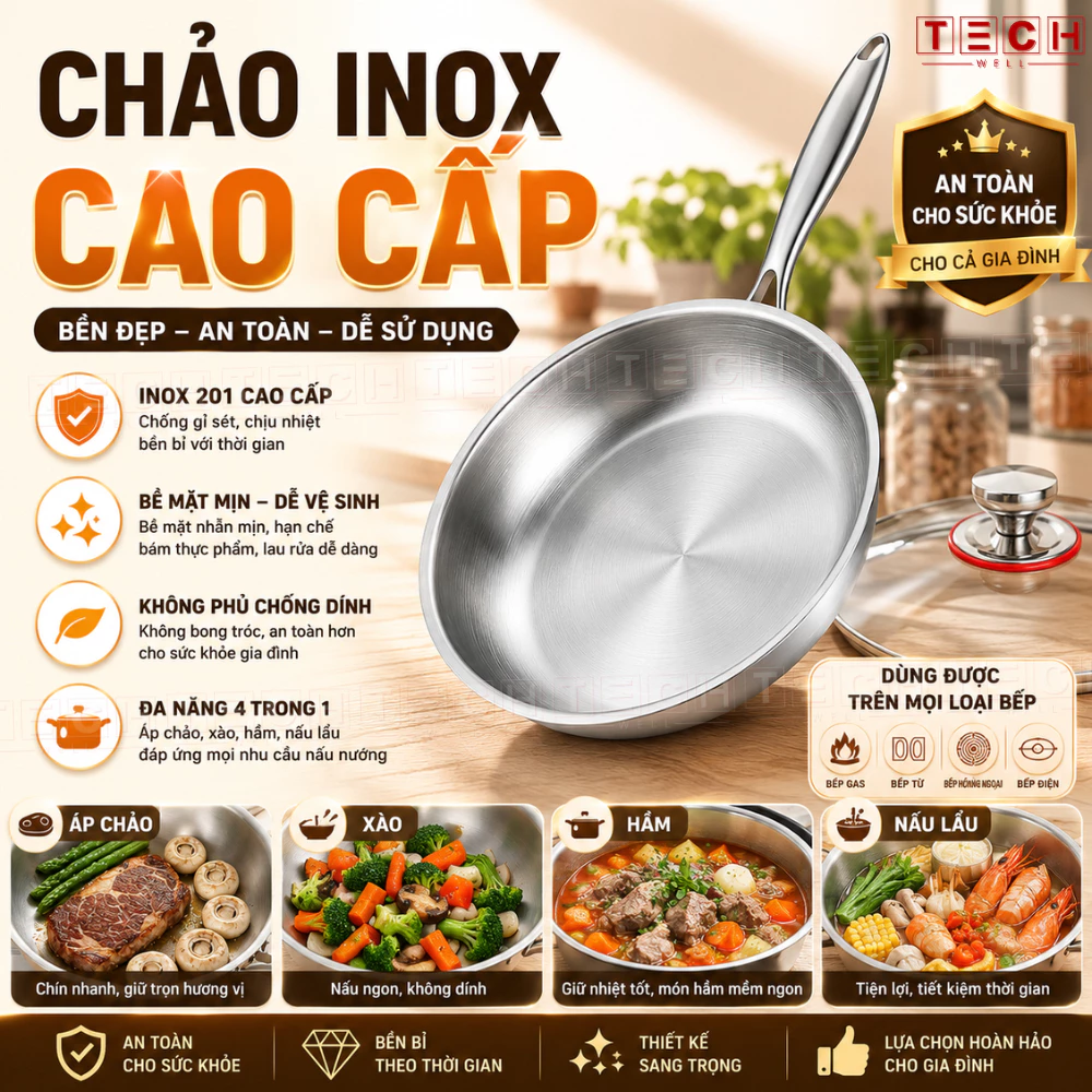 Chảo inox cao cấp nguyên khối, an toàn cho sức khỏe, Dùng được chomọi loại bếp