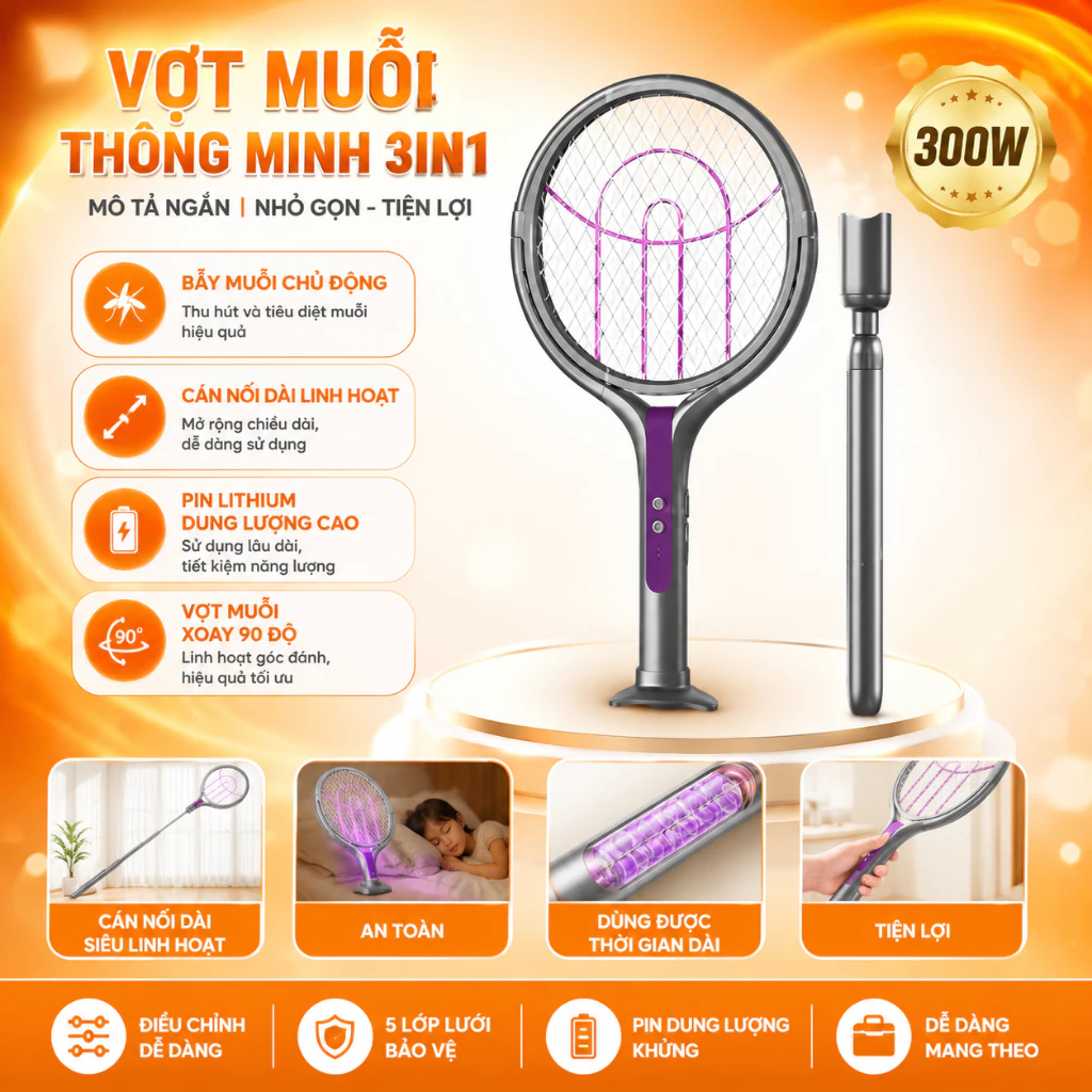 Vợt Muỗi Thông Minh Đa Năng Có Cán Nối Dài, Đèn Bắt Muỗi 3in1 Kèm Đế Cắm Sạc Pin Tiện Lợi